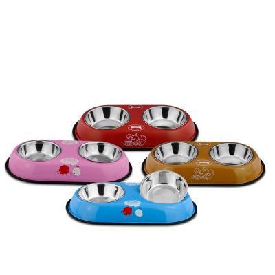 China Viable Hot Sale Colorful Detachable Pet Food Bowl Stainless Steel Anti Puddle Double Dog Feeder for sale