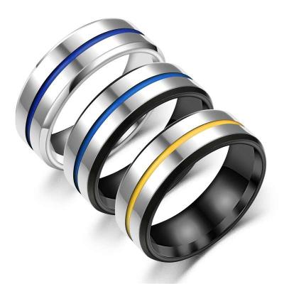 China Europe And USA 8MM Stainless Steel Trendy Black Blue Groove Ring For Men Wedding Bands Rings Male Jewelry for sale