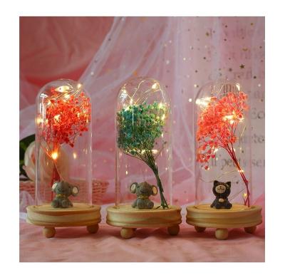 China Custom designs dry flower bouquet decoration glass cover star night light decoration for gift Valentine's Day for sale