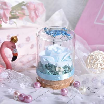 China Custom Designs Creative Christmas Gifts Natural Eternal Flower Rose Angel Glass Dome With Wooden Base for sale