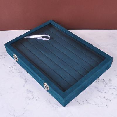 China Dark Green Ring Earrings Jewelry Display Box Jewelry Disply Flannel Jewelry Storage Box Glass Cover Jewelry Storage Box for sale