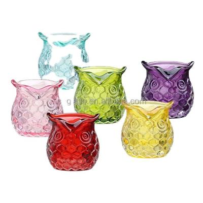 China Home Decoration Hand Pressed Owl Glass Candle Holder Tealight Candle Holder for sale