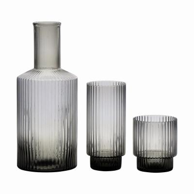 China Factory Popular Popular Design Handmade Decanter With Cups Dishwasher Safe Engraved Vertical Bars Colored Glass Sets for sale