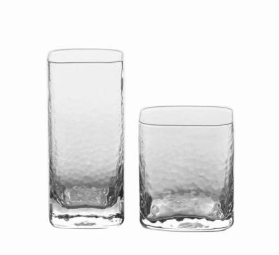 China Factory Popular Square Stemless Wine Glasses Hammered Pattern Soda Lime Glass Cup for sale