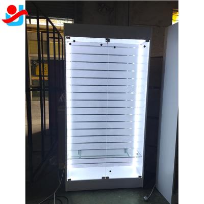 China Morden Customized Retail Store Led Wood Slat Wall Display Stand Slatboard Display With Shelves And Door for sale