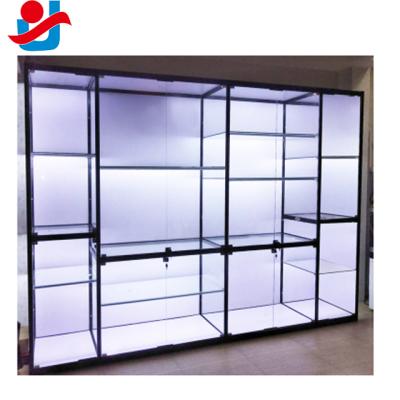 China Supermaerket Strong Display Titanium Alloy Frame Tempered Glass Display Showcase With Melamine Board for sale