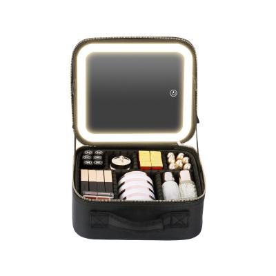 China 2023 Dimmable Fashion New Arrival Custom PU Leather Portable Travel Led Makeup Bag Cosmetic Case With Led Mirror for sale