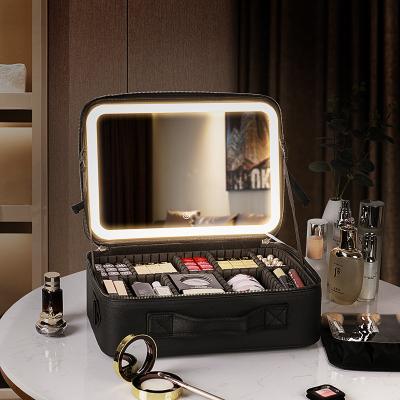 China Fashion Factory Wholesale Portable PU Makeup Case Bag With LED Mirror Storage Suitcase Vanity Cosmetic Box For Artists for sale