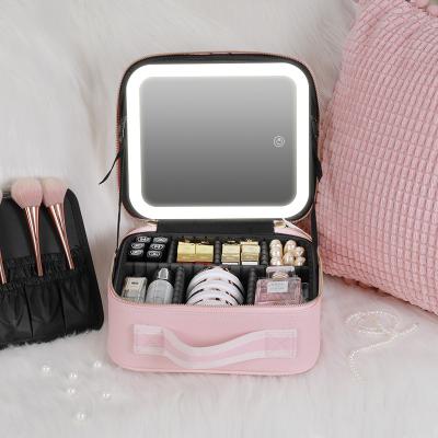 China Fashion Portable Women Travel Light Waterproof Adjustable Cosmetic Organize Make Up Train Case Makeup Bag With Led Mirror for sale