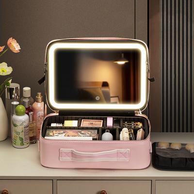 China Fashion Fashion Custom Printed Cosmetic Waterproof Makeup Brush Bag With LED Light Mirror for sale