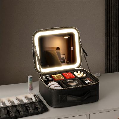 China Fashion Wholesale Custom Train Case Travel Saffiano Portable Makeup Carry Case Toiletry Cosmetic Bag With LED Mirror for sale