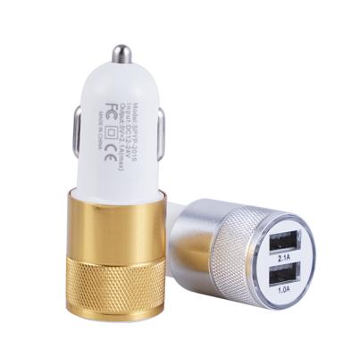 China Universal Tablet Car Charger 2.1A+1A Dual USB Ports Metal Alloy Car Charger With LED Light for sale