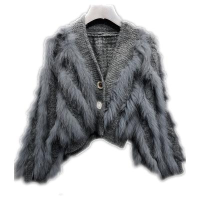 China Anti-wrinkle design wholesale high quality short style sexy women clothes fashion knitted cardigan sweater ladies with fox fur for sale