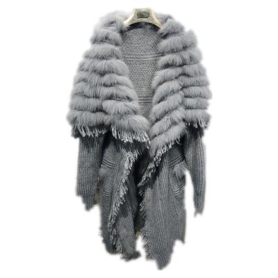 China luxury Anti-wrinkle turn-down big collar with real shaggy fox fur tassels coat warm extra long heavy woolen cardigan sweater for women for sale