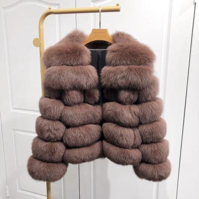 China Winter Anti-Wrinkle Contrast Color Real Fur Jacket Luxury Warm Genuine Fox Leather Mid Length Knitted Fur Coat Women With Big Fox Collar for sale