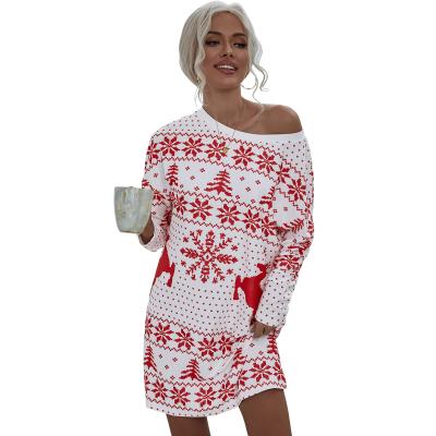 China Autumn Winter New Style Women's Fashion Christmas 2021 Anti-Static Printed Knitted Sweater Dress Women Clothing for sale