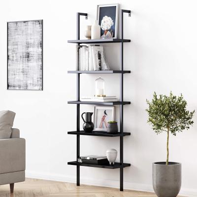 China Stocked Ladder Modern Wall Mount Black 5-Shelf Bookcase Open Shelf With Industrial Metal Frame for sale