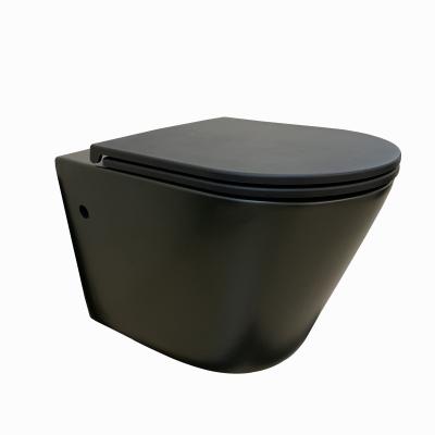 China High End European Standard Ceramic Rimless Double-Flow Bathroom Sanitary Ware Matte Black Wall Hung Toilet for sale