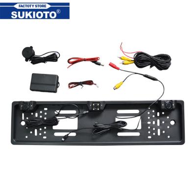 China SUKIOTO Waterproof European Frame License Plate Car Camera 4 LED Backup Rear View Camera with Reversing Radar System Parking Sensor for sale