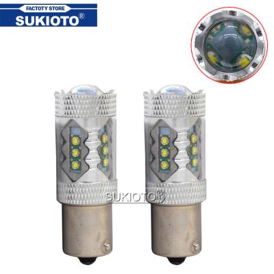 China SUKIOTO 1 Pair 80W 1156 BA15S P21W LED C-ree Bulbs Super Smart White Yellow Chips LED Turn Signal Reverse Brake Light DC12-24V X3 for sale