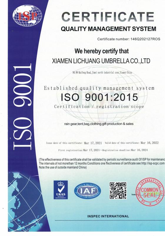 ISO9001 - Xiamen Lichuang Umbrella Co., Ltd.