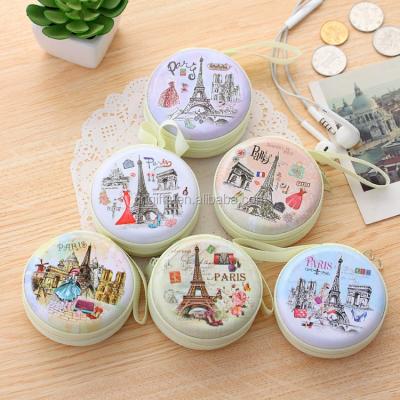 China Handmade Round Earphone Case Zipper Coin Purse Eiffel Tower Tin Pouch Key Wallet Pouch Bag Birthday Party Door Gift for sale