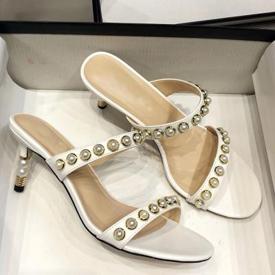 China Fashion Trend C Brand Sex Stripper Stiletto Sexy Luxury Slipper Pearl Peep Toe Chunky High Heel Shoes Women Ladies Sandal for sale