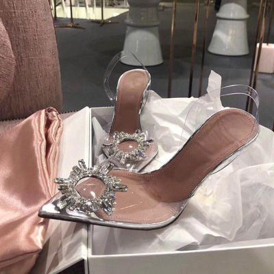 China Around Original Famous Brand Designer Diamond Rhinestone Sexy Glass Transparent Women Ladies Sandal Luxury High Heels Shoes for sale