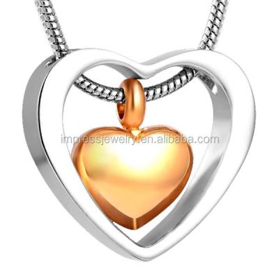 China Hot Selling Two Tone Double Heart Memorial Urn Ashes Holder IJD8078 Cremation Memorial Jewelry Keepsake Stainless Steel Cremation Necklace for sale