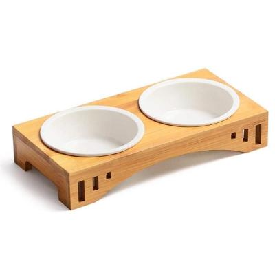 China Cat Bowls Raised Pet Feeder Solid Bamboo Ceramic Dog Food High Sustainable Feeding Bowl With 2 Ceramic Bowls for sale