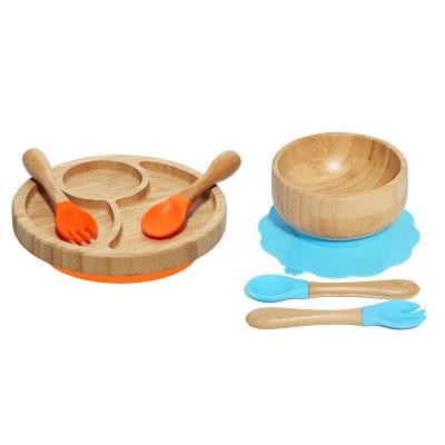 China Eco-friendly wholesale 100% natural suctions bamboo baby bowls matching spoon set suction stay put feeding bowl for toddlers for sale