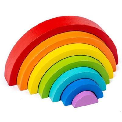 China DIY TOY Colorful Wooden Rainbow Stacker Interlocking Puzzle Blocks Stacking Game Creative Jigsaw Learning Set Toy for Children for sale