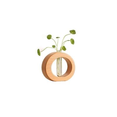 China Eco-friendly Desktop Hydroponic Plant Flower Vase Holder Glass Wooden Flower Vase For Office Decoration for sale