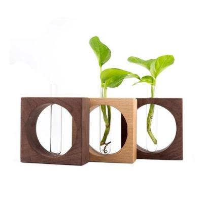 China Eco-friendly Indoor Desktop Home Wooden Vase Desktop Flower Vase Glass Stand Tube Holder For Garden Decoration for sale