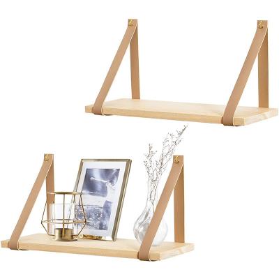 China Mordern Home Decorative Wooden Shelf Wall Mount Rack Wall Hanging Floating Storage Shelves Leather Strap Swing Organizer for Living Room for sale