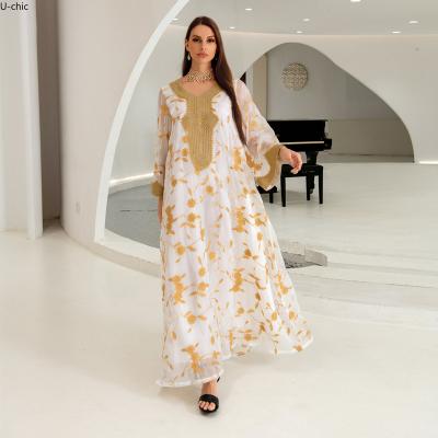 China Muslim Dress U-chic Middle East Dubai Evening Dress Polyester Tulle Edge Gold Lace Abaya Embroidered Long Dress for sale