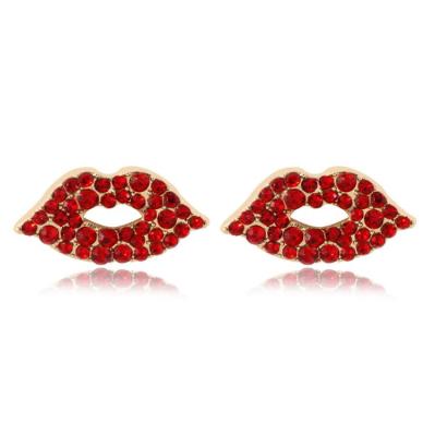 China Cute hot sale red hot alloy lip earring with hot diamonds lip kiss shape diamonds stud earrings for sale