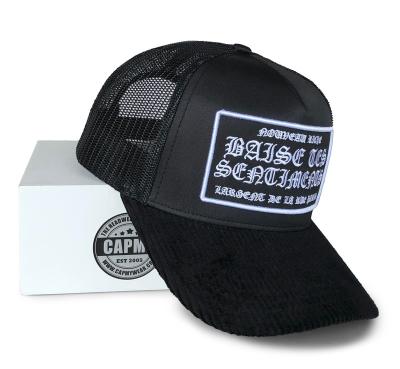 China Wholesale Fitness Classic Adult Mesh Black Sports Mens 5 Patch 3d Embroidery Patch COMMON Logo Trucker Hat Corduroy Trucker Hat COMMON for sale