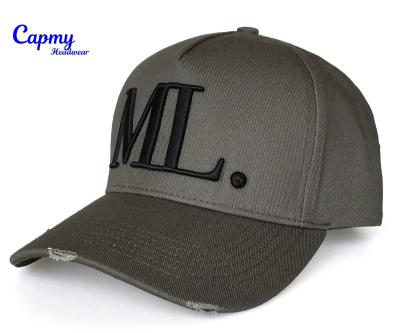 China 100% Gray Distressed Promotional 5 Panel Baseball Cap Vintage Cotton Distress Tear 3D Embroidery Logo Baseball Caps Custom for sale