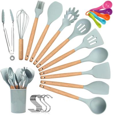 China Viable Kitchenware 12 In 1 Handle Silicone Kitchenware Tool Kit Accessories Wooden Utensils Set for sale