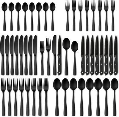 China Sustainable 48-Piece Matte Black Silverware Set with Steak Knives, Black Flatware Set for 8, Stainless Steel Dinnerware Cutlery Set, Utensil for sale