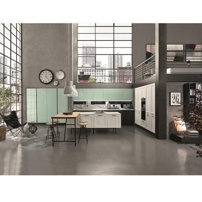 China Glossy Green Shaker Inset Kitchen Cabinets L Shaped Movable PVC Doors Wall Unit Cabinets From Guangdong Environment Friendly Manufacturer for sale