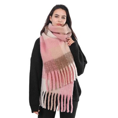 China New Polyester Women Shawl Mohair Plaid Fringed Thick Warm Scarf for sale