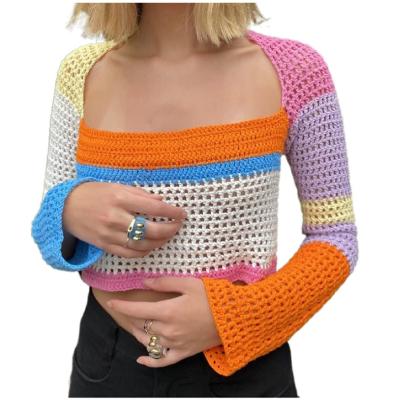 China Anti-wrinkle Y2k Women Long Sleeve Crop Top Crochet Knit Sweater Jumper Tops Loose Patchwork Shirts 90S Streetwear Color Block Sweater for sale