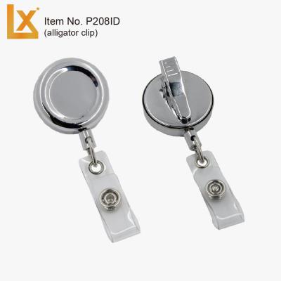 China Iron metal round retractable badge reels in silver, gold colors with clip, ID strap and key ring for sale