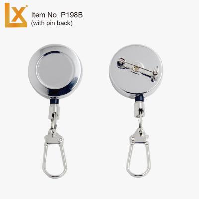 China Retractable 25 mm round metal badge iron reels with safety pin back, with ID, fishing snap for sale