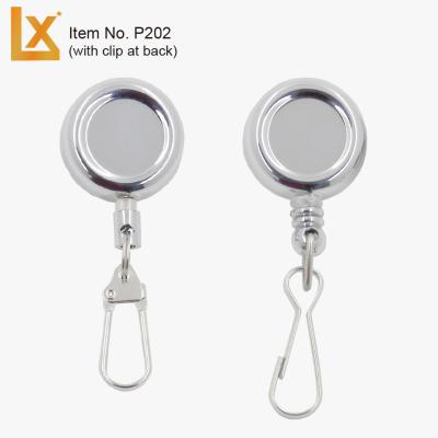 China Iron metal round retractable badge reels in silver, gold colors with clip, metal hook and key ring for sale