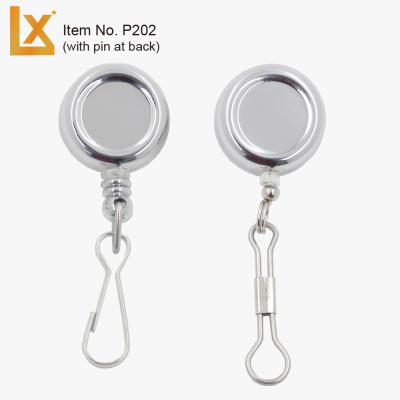 China Iron metal round retractable badge reels in silver, gold colors with safety pin, hook and key ring for sale