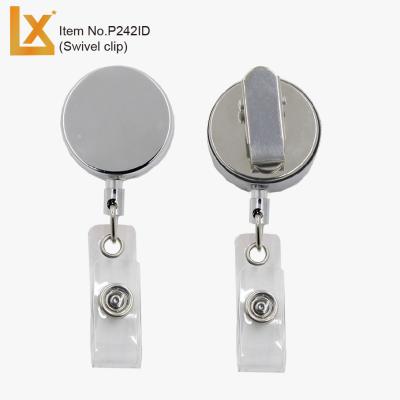 China Retractable flat iron front metal badge reels in silver, gold colors with swivel clip, with top lanyard hole for sale