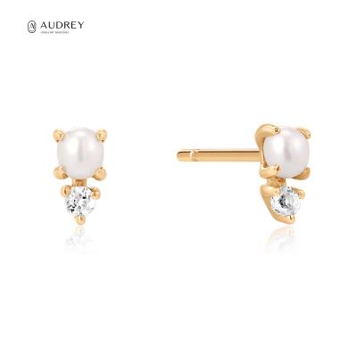 China Audrey Women's Jewelry Wholesaler Minimalist 14K Gold Diamond Pearl Fine Jewelry Earring Studs Lead Free Nickel Free Real for sale